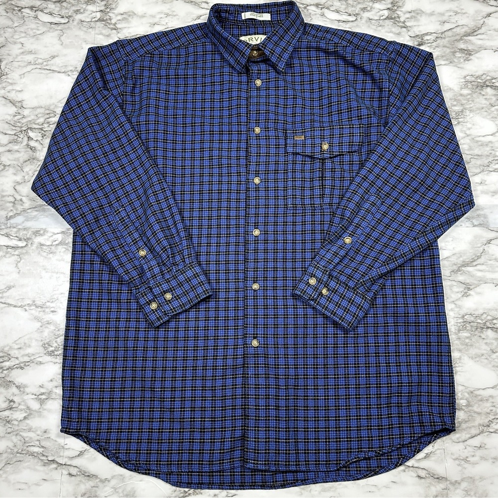 ORVIS Flannel Shirt Mens Size L RELAXED Blue Black Plaid Long Sleeve Heavyweight